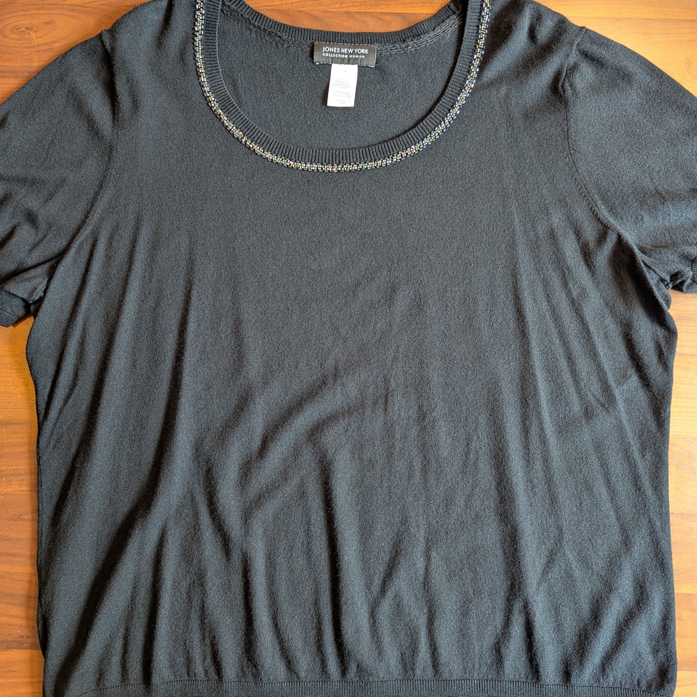 Jones New York Black Women's Top Signature Size 3X Beaded Neck Sweater Blouse